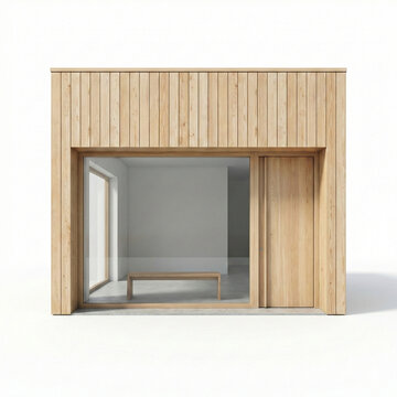 Modern Scandinavian Minimalist Wooden Shop Facade Isolated on White Background