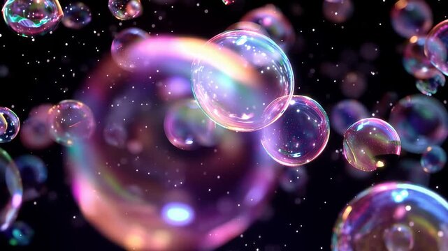 A microscopic view of vibrant, colorful bubbles floating in a dark, abstract background