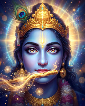 Lord Krishna majestic portrait focusing on ornate golden crown symbolizing supreme sovereignty and compassion background wallpaper