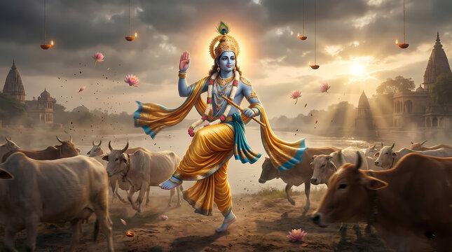 Krishna illustration showing divine dancer among cattle with falling flowers background wallpaper.