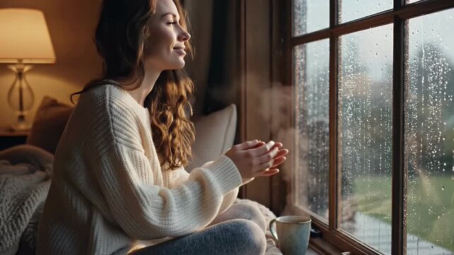 Beautiful young woman with a warm smile looking out a window at the rain, finding joy and comfort in a cozy indoor setting.