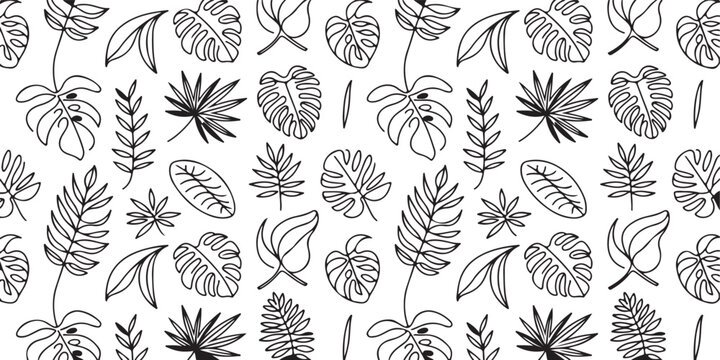 leaf seamless tropical botanical pattern line art repeat background