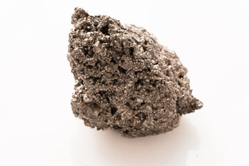 Close-up of a metallic pyrite crystal cluster with intricate cubic formations and golden-brown luster on a white background