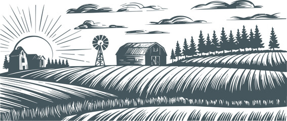 farm rural landscape with barn windmill pine trees sunrise rays fields © AIcon Star