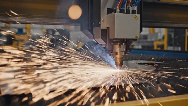 Automated laser cutting machine precisely shaping l with sparks flying