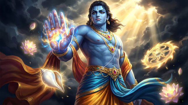Krishna illustration depicting supreme form with Sudarshana Chakra cosmic background wallpaper.