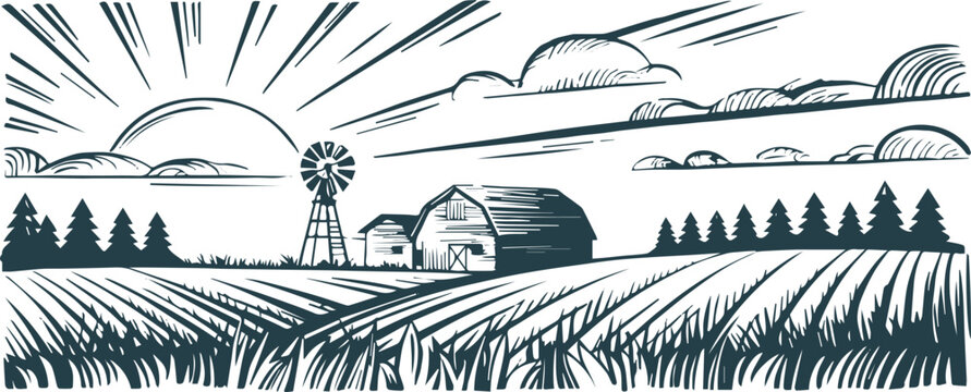 farm woodcut style engraving of field barn windmill pine tree sky rays