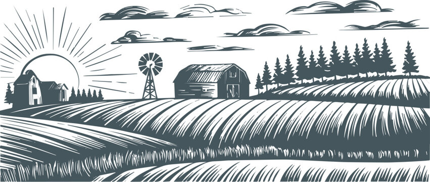 farm rural landscape with barn windmill pine trees sunrise rays fields