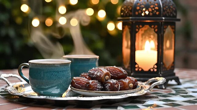 Ramadan Kareem: Dates, Coffee, and Lantern on a Table