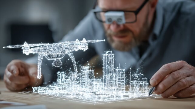 A futuristic architect studio where a hologram of a building is being adjusted by both a human and an AI drone