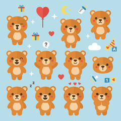 Fototapeta premium Cute Kawaii Teddy Bear Emoji Set, Cartoon Bear Expressions Illustration