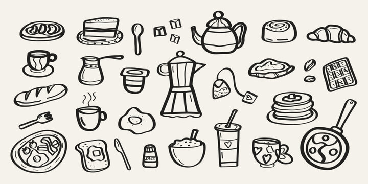Breakfast food doodle set with hand drawn coffee, pastry and kitchen elements