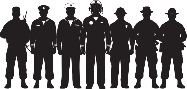 Military men vector silhouettes illustration with army soldier, sailor, pilot line art