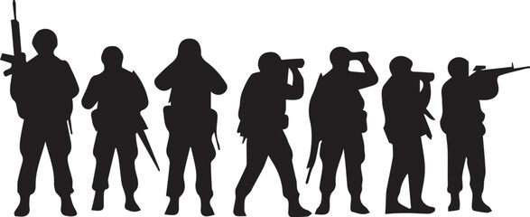 Silhouette illustration of military soldiers with rifles and binoculars vector