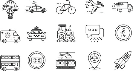 Hand Drawn Vector Icon Set Featuring Transportation Vehicles Like Airplane Rocket Bus Taxi Hot Air Balloon And Ambulance For Design © MDABDUR