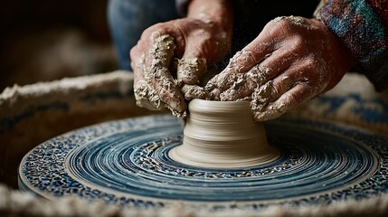 A potter shaping clay while a robotic arm helps stabilize the spinning wheel, messy hands, authentic craft