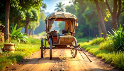 A vintage carriage stands on a dirt path, sunlight streams through trees