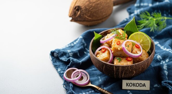 Traditional Fijian Kokoda Raw Fish Salad in Coconut Shell Bowl with Bright Left Copy Space on Indigo Masi Tapa Cloth