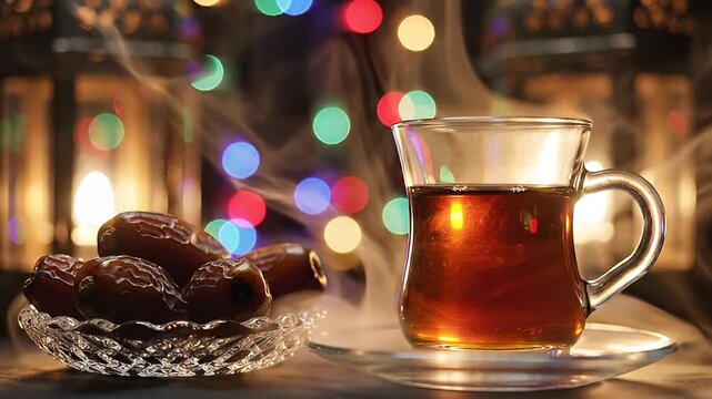 Ramadan Kareem Still Life: Dates, Tea, and Lanterns in Festive Ambiance