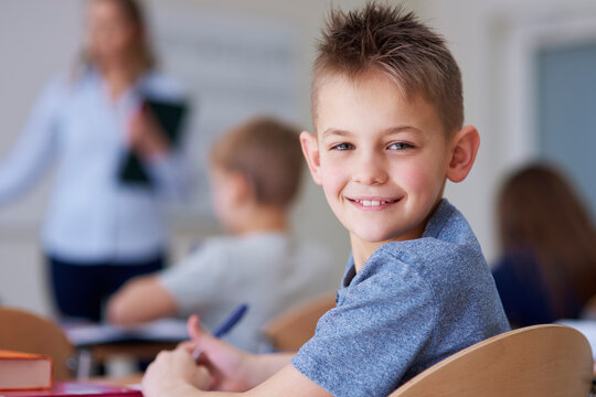 Portrait of smiling schoolboy in class