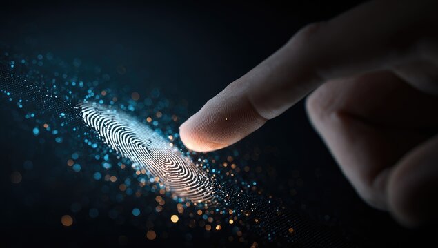 A finger touches a glowing fingerprint, highlighting security and digital identification