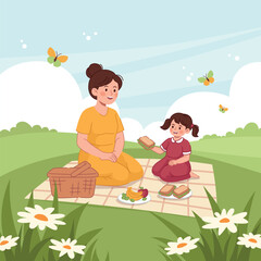 Naklejka premium Mother and daughter having a picnic on green grass flat vector illustration