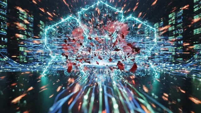 Cinematic motion visual of advanced digital cybersecurity protection shielding a global network infrastructure to prevent cyber threat, data breach, and unauthorized hacking access.