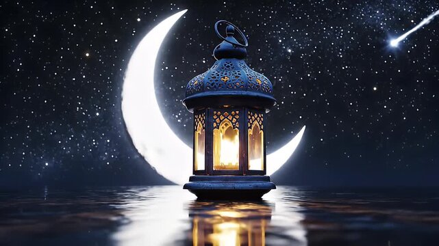 Ramadan lantern glowing with a crescent moon and starry night background