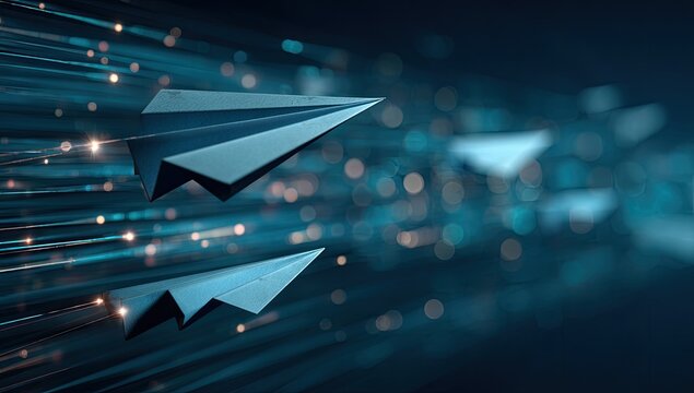 Three blue paper airplanes flying forward with blurred, glowing lights in the background