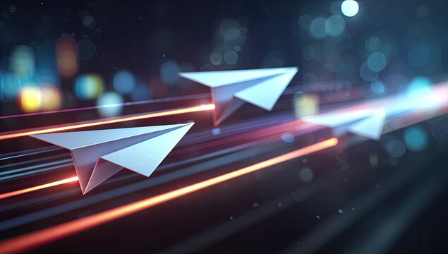 Artistic shot featuring white paper airplanes speeding through blurred streaks of light