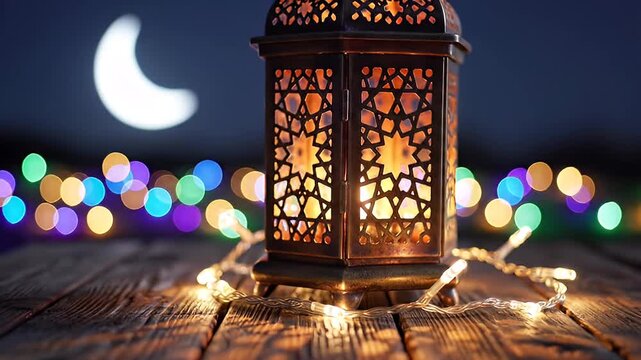 Ramadan lantern illuminated with string lights on a rustic wooden at dusk, capturing