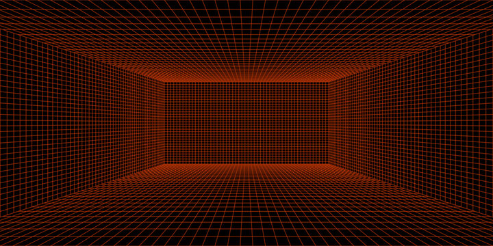 Glowing neon wireframe room floors ceiling, wall background. Red grid room in perspective. Bright retro futuristic wallpaper. Abstract checkered plane landscape. Game horizon surface. Vector backdrop