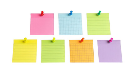 Group of colorful square sticky notes with pins on black pink blue