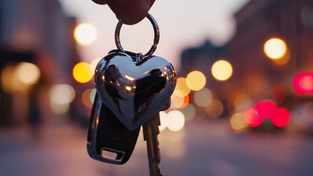 Cinematic close up of a romantic heart shaped silver keyring with metal car keys dangling against a soft bokeh blurred urban background at dusk for concept of love and travel.