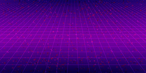 Neon wireframe horizon background. Light pink grid room floor in perspective. Glow magenta retro futuristic wallpaper. Abstract checkered plane landscape. Neon game floor surface. Vector backdrop