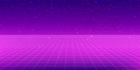 Fototapeten Violett Neon wireframe horizon background. Light pink grid room floor in perspective. Glow magenta retro futuristic wallpaper. Abstract checkered plane landscape. Neon game floor surface. Vector backdrop  © Qiana