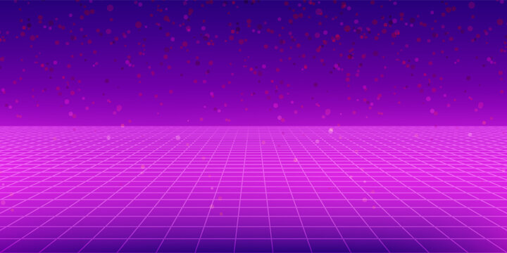 Neon wireframe horizon background. Light pink grid room floor in perspective. Glow magenta retro futuristic wallpaper. Abstract checkered plane landscape. Neon game floor surface. Vector backdrop