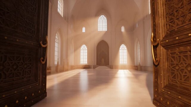Grand Hall Interior, Open Doors, Sunlight Rays, Elegant Architecture for Events, Luxury Spaces