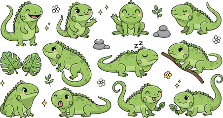 Cute green iguana cartoon set with funny poses and expressions © EdGe Creative