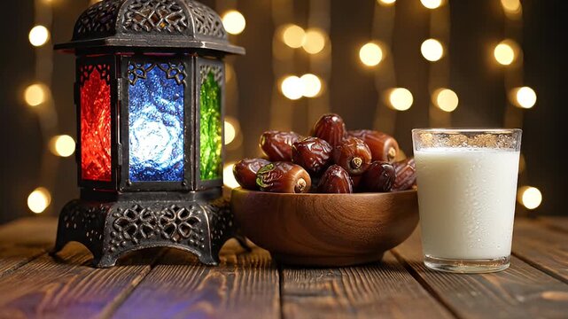 Ramadan Kareem Celebration: Dates, Milk, and Lanterns Illuminated in Warm Light
