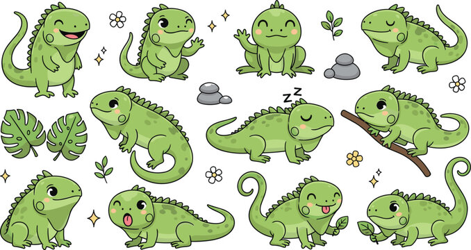 Cute green iguana cartoon set with funny poses and expressions