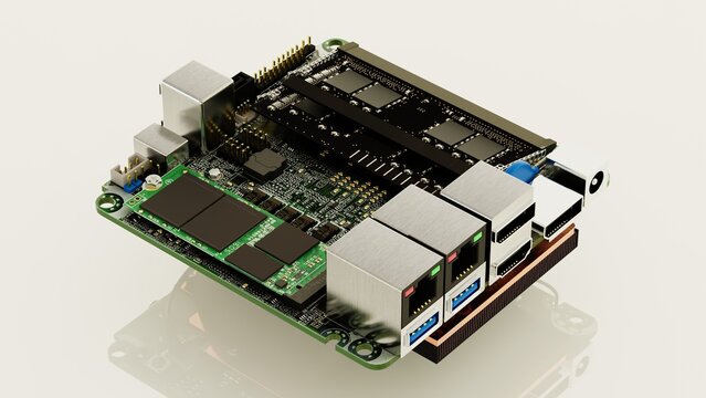 Industrial Mini-ITX embedded motherboard hardware. Professional circuit board with CPU socket, RAM slots, and electronic components for compact computer systems, isolated.