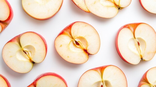 72.Overhead macro shot of warm apple slices with glistening baked glaze, slightly curled edges and warm tones against a stark white backdrop