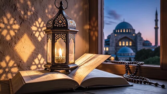 Ramadan Kareem celebration scene: Lantern, open book, and mosque silhouette at dusk