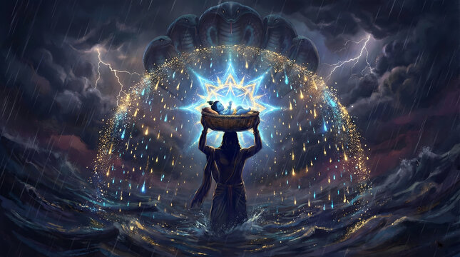 Krishna illustration depicting baby Krishna glowing inside divine energy shield while crossing Yamuna River Wallpaper
