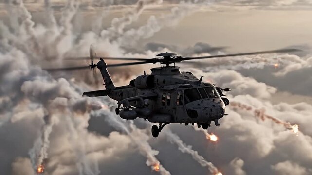 Military attack helicopter firing rockets above clouds, armed combat aircraft in dramatic sky during aerial operation