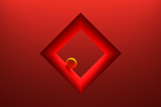 Three dimensional render of small sphere inside square shaped frame