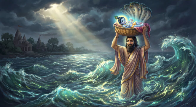 Krishna illustration depicting baby Krishna safely reaching Gokul after escaping King Kansa from Mathura Wallpaper
