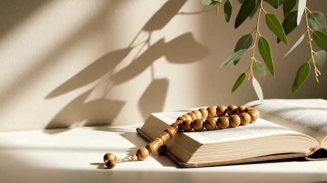 Serene still life with wooden prayer beads, book, and greenery under soft natural light