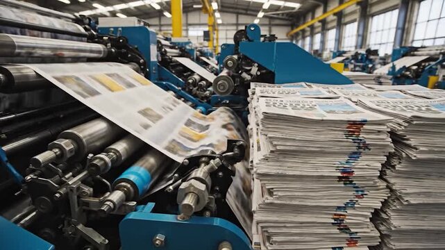 High-speed industrial printing press producing newspapers in a factory setting.